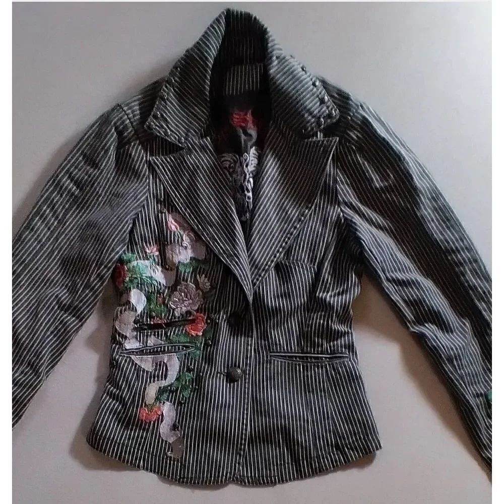 LOVE STITCH KHAKI BROWN PINSTRIPED ROSE EMBROIDERED JACKET SIZE SMALL COTTON